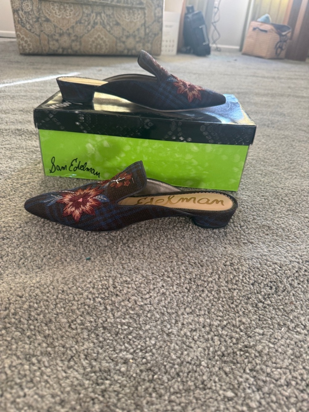 Sam Edelman Navy Floral Embroidered Slip-On Mules